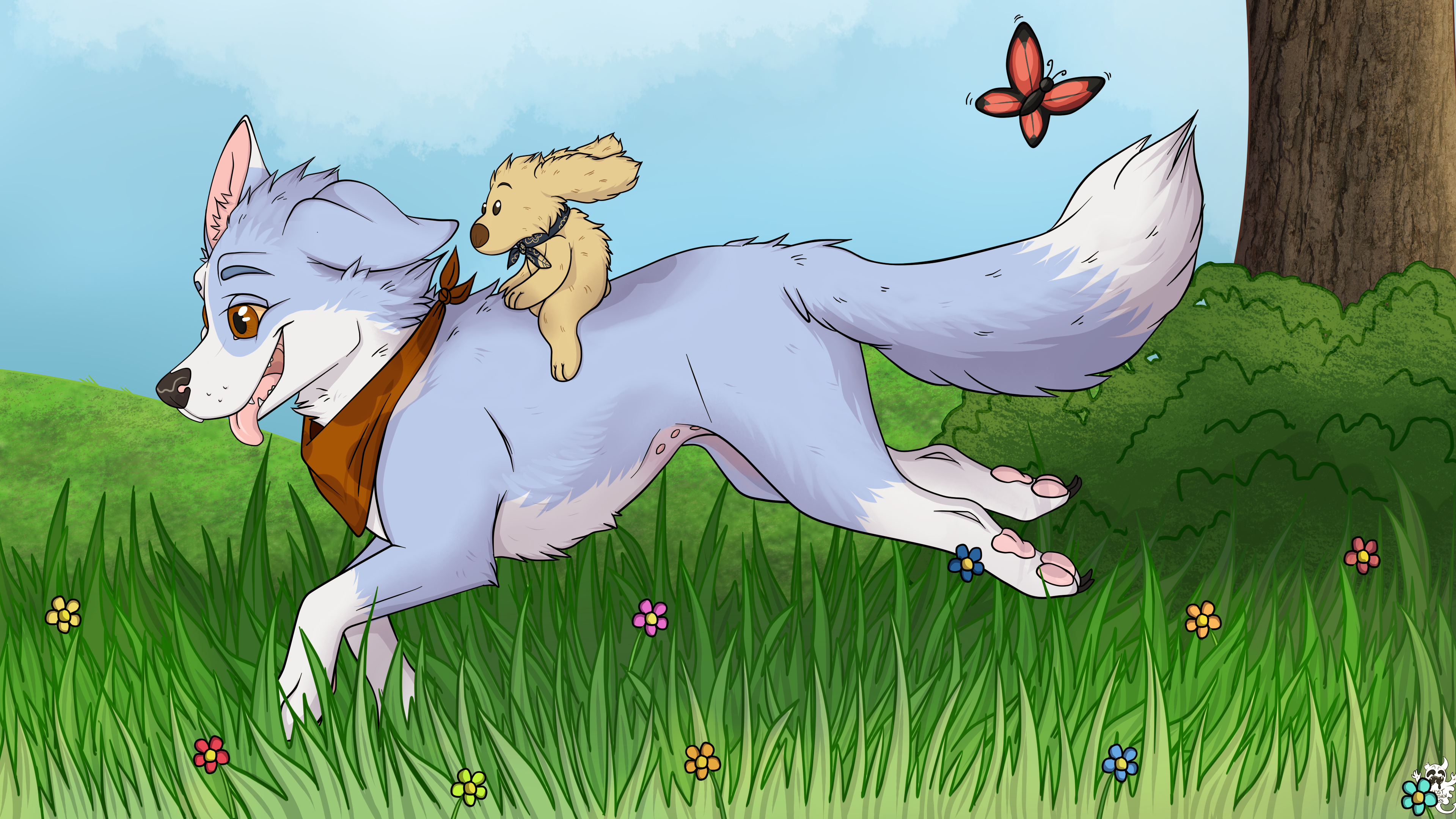 Shifty running happily through a field of grass and flowers.