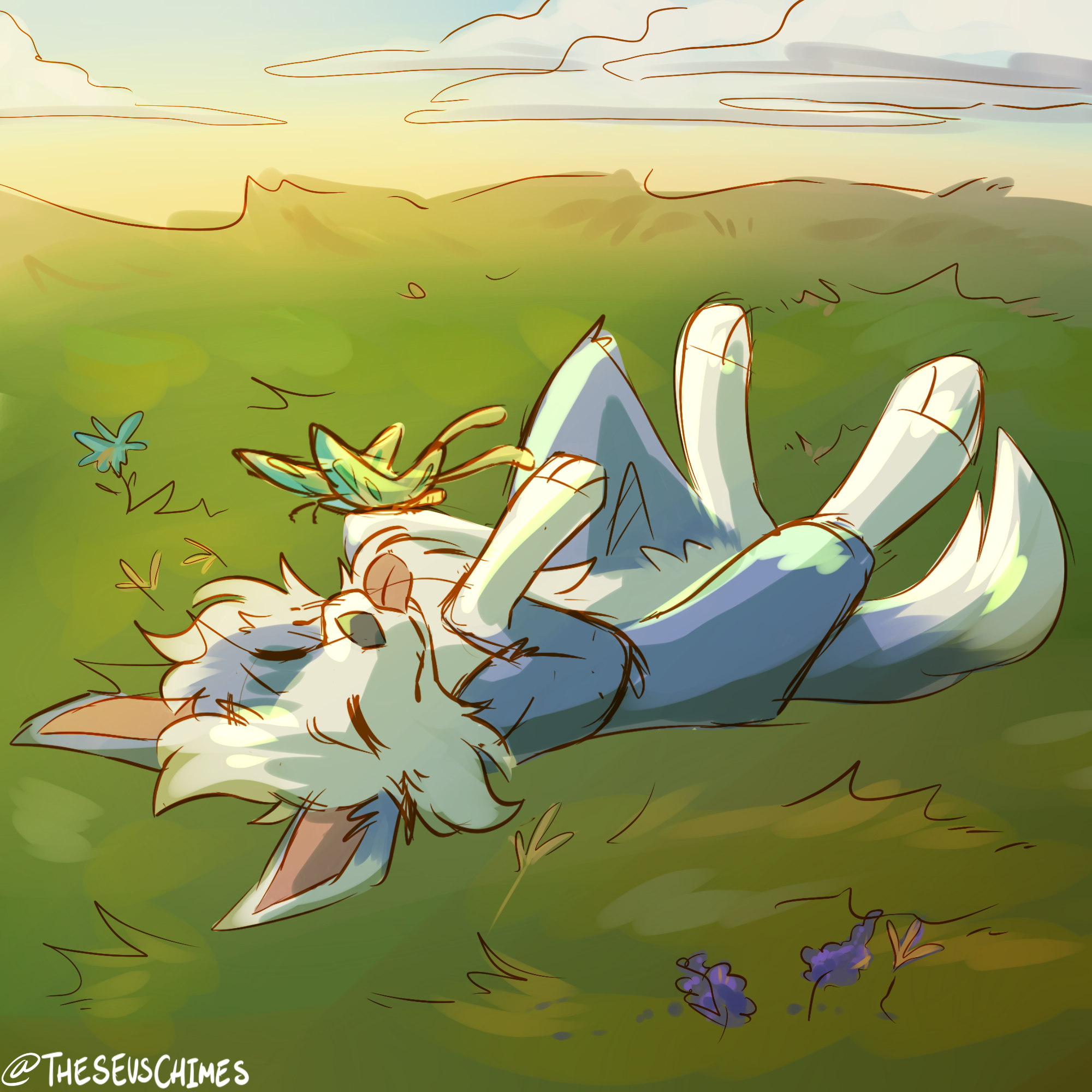 Shifty laying in a field with a butterfly on their nose.